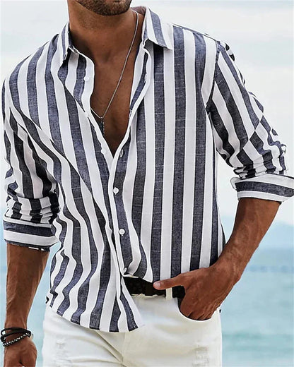 Camisa de Manga Larga para Hombre Estampado a Rayas Elegante Estilo Hawaiano