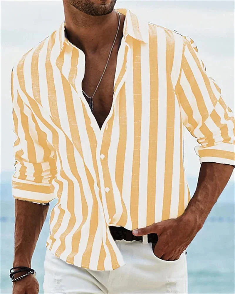 Camisa de Manga Larga para Hombre Estampado a Rayas Elegante Estilo Hawaiano