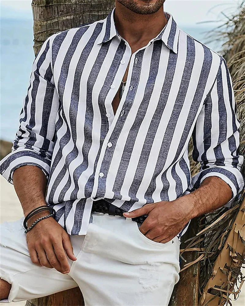 Camisa de Manga Larga para Hombre Estampado a Rayas Elegante Estilo Hawaiano