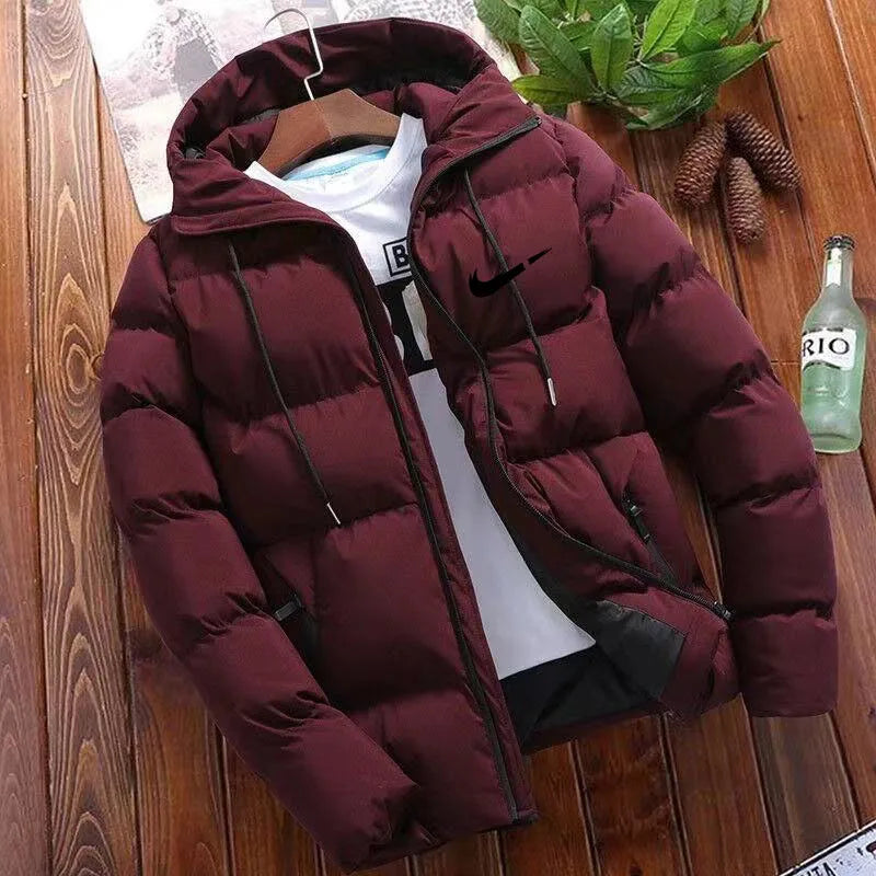 Chaqueta acolchada de algodón con capucha estampada con cremallera para hombre