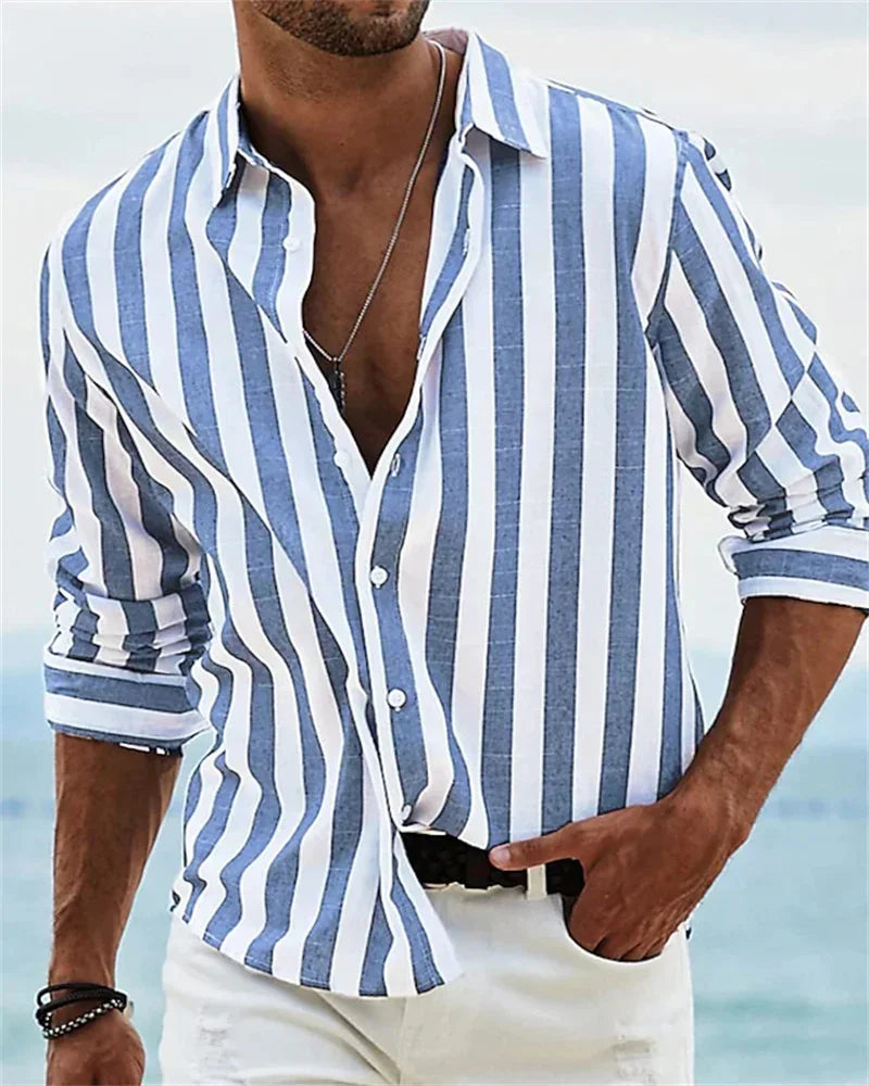 Camisa de Manga Larga para Hombre Estampado a Rayas Elegante Estilo Hawaiano