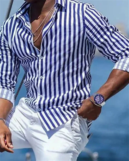 Camisa de Manga Larga para Hombre Estampado a Rayas Elegante Estilo Hawaiano