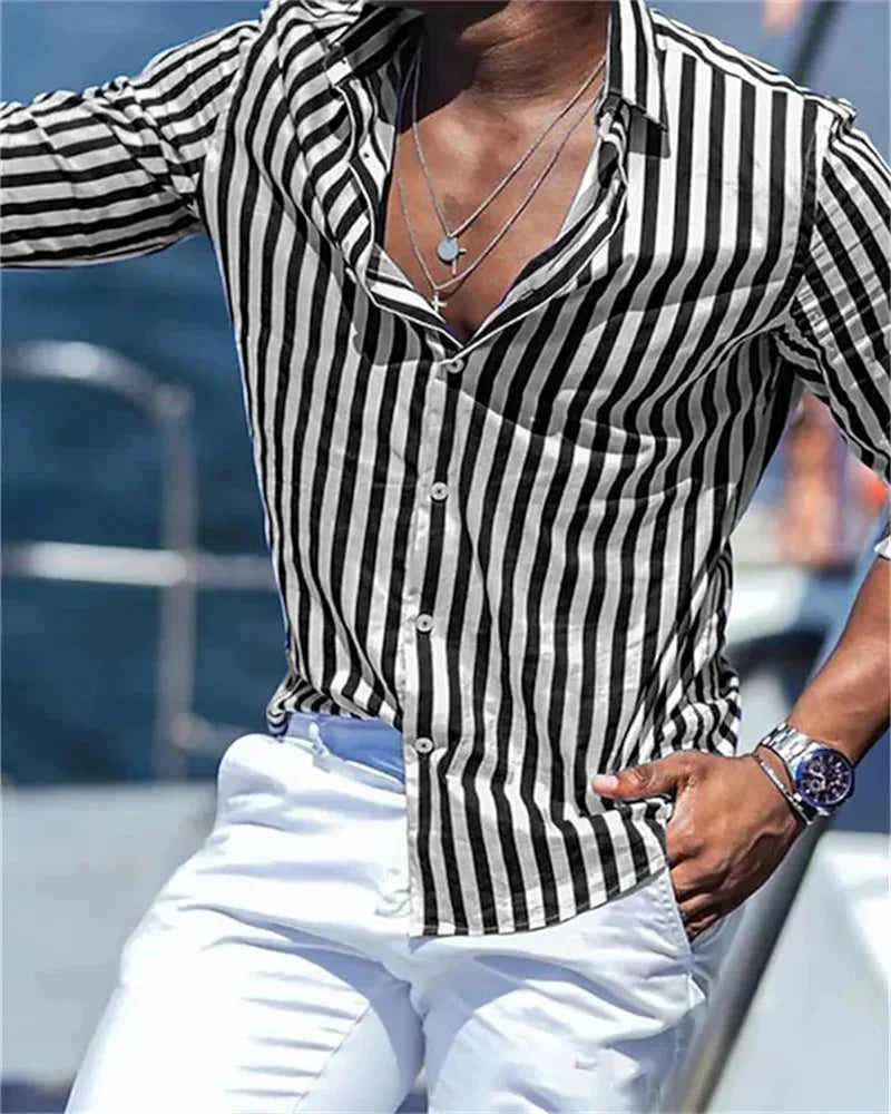 Camisa de Manga Larga para Hombre Estampado a Rayas Elegante Estilo Hawaiano