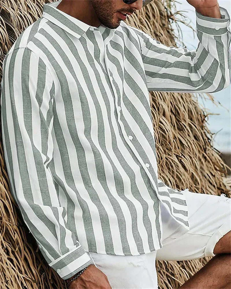 Camisa de Manga Larga para Hombre Estampado a Rayas Elegante Estilo Hawaiano